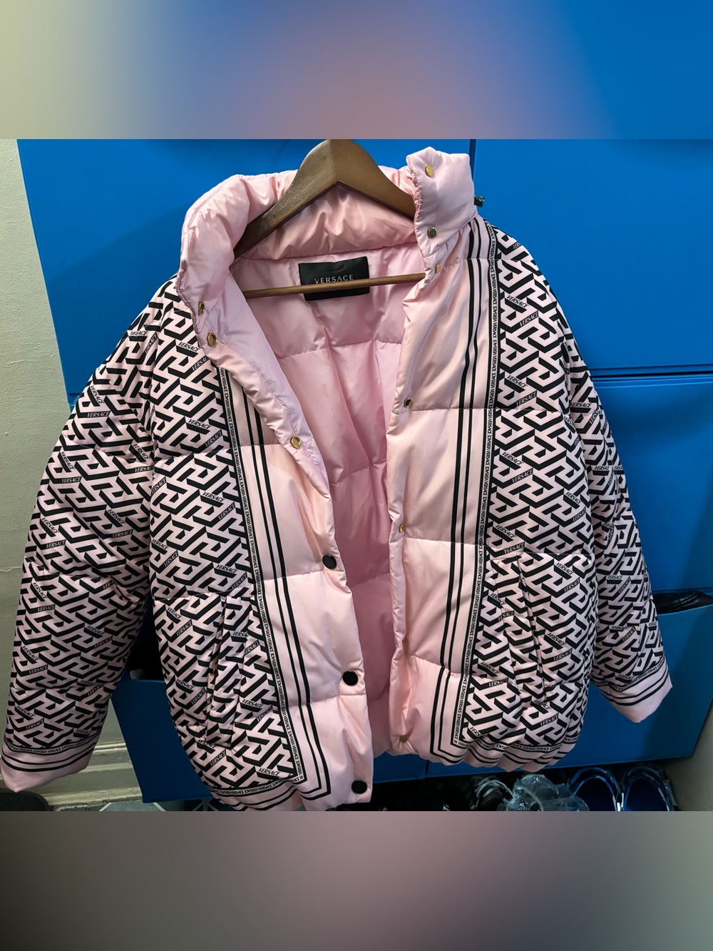 Versace Pink Logo-Print Quilted Puffer Jacket